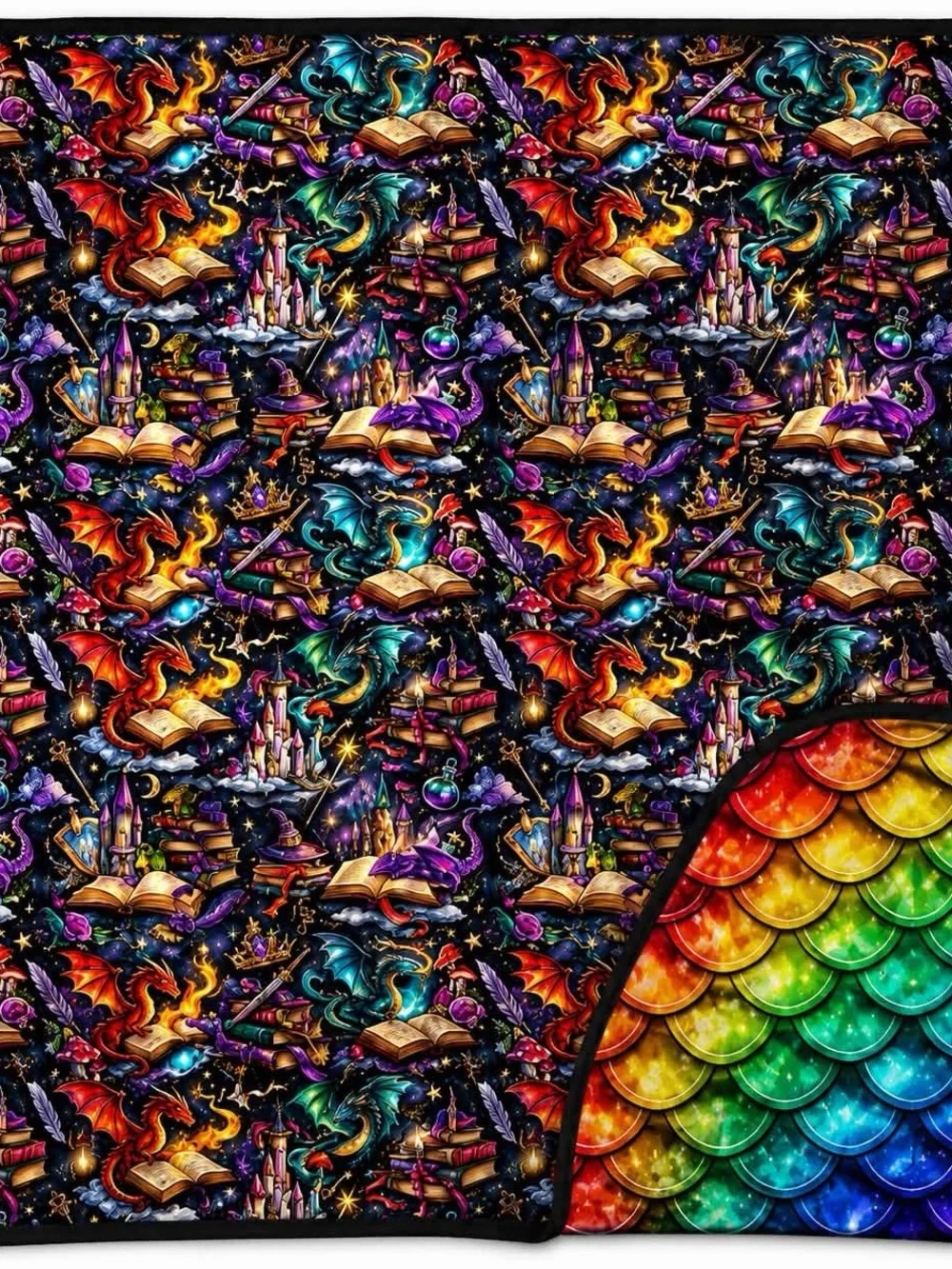 Mystic Dragons Reversible Throw Blanket - Rainbow Scales & Black Fantasy Print
